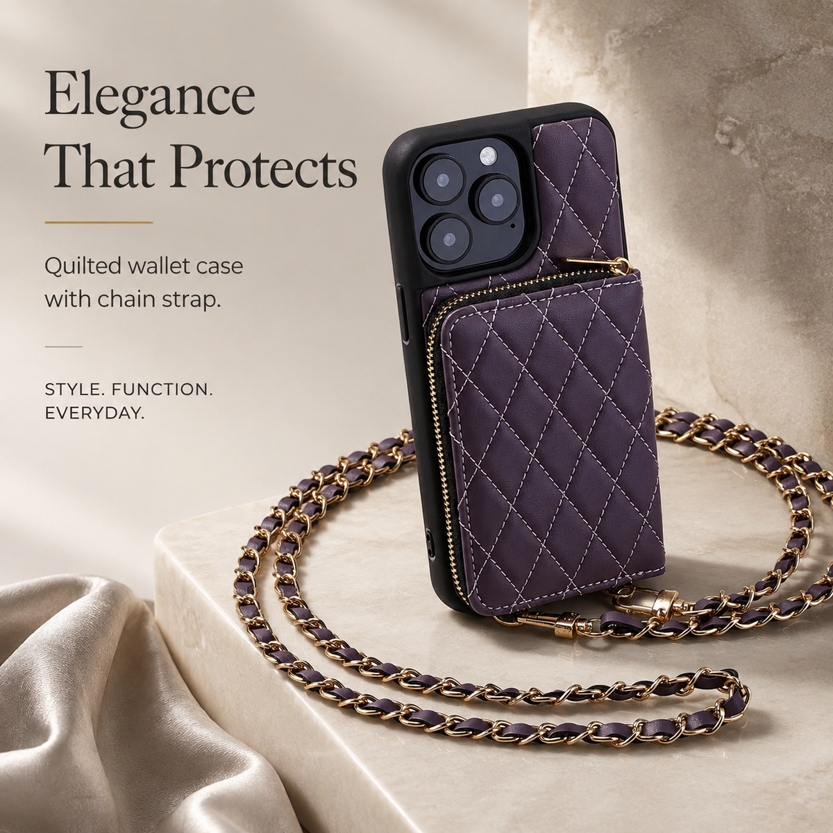 Premium iPhone Case Crossbody Wallet Leather Card Holder Chain Strap Shockproof Protective Cover Diamond Stitch Non Slip Slim Portable Phone Bag
