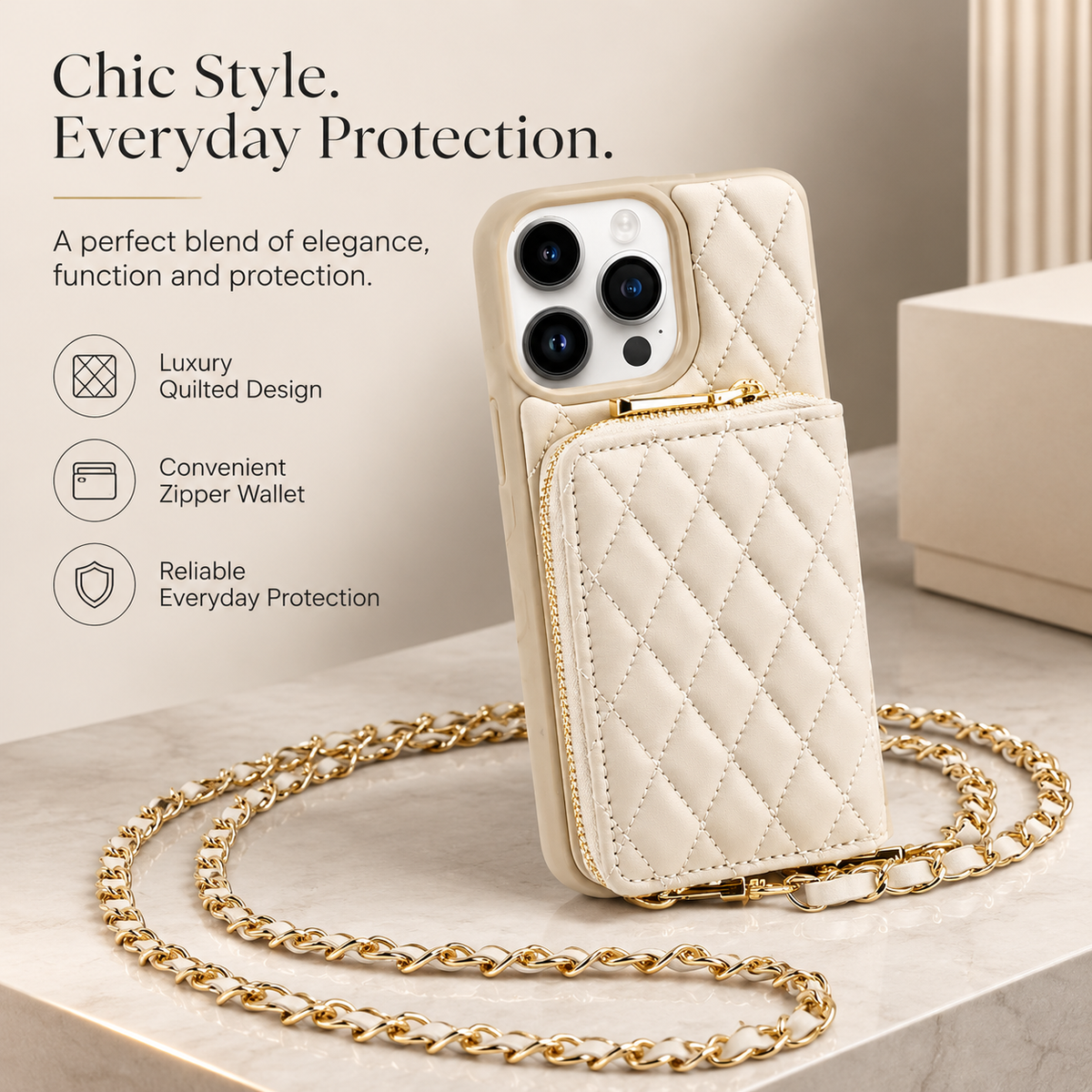 Premium iPhone Case Crossbody Wallet Leather Card Holder Chain Strap Shockproof Protective Cover Diamond Stitch Non Slip Slim Portable Phone Bag