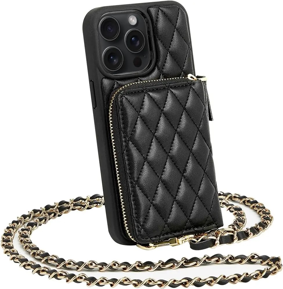 Premium iPhone Case Crossbody Wallet Leather Card Holder Chain Strap Shockproof Protective Cover Diamond Stitch Non Slip Slim Portable Phone Bag