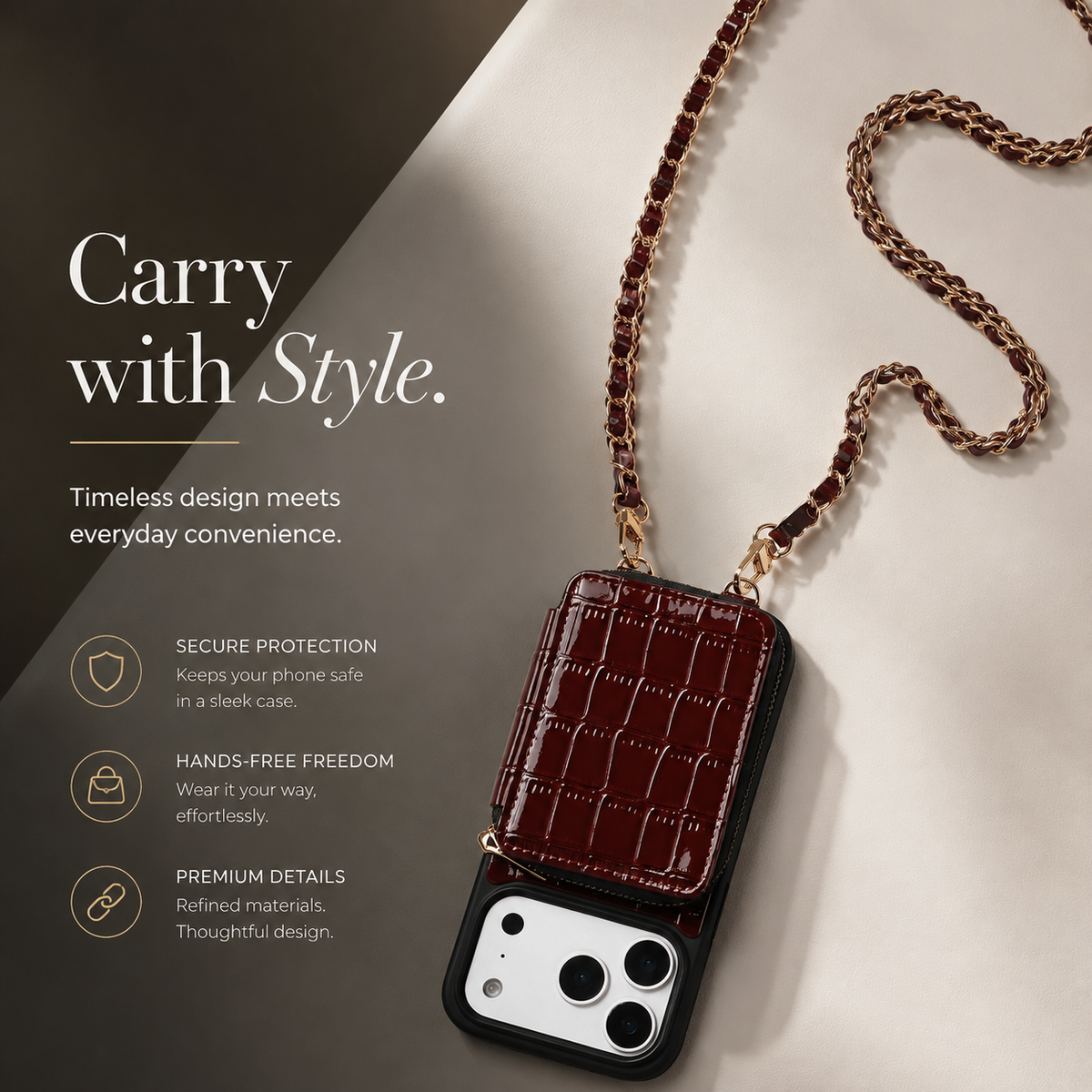 Premium iPhone Case Crossbody Wallet Leather Card Holder Lanyard Crocodile Pattern Protective Cover Anti Fingerprint Slim Soft Shockproof Lightweight Grip