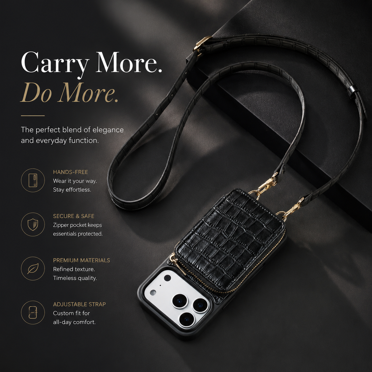 Premium iPhone Case Crossbody Wallet Leather Card Holder Lanyard Crocodile Pattern Protective Cover Anti Fingerprint Slim Soft Shockproof Lightweight Grip