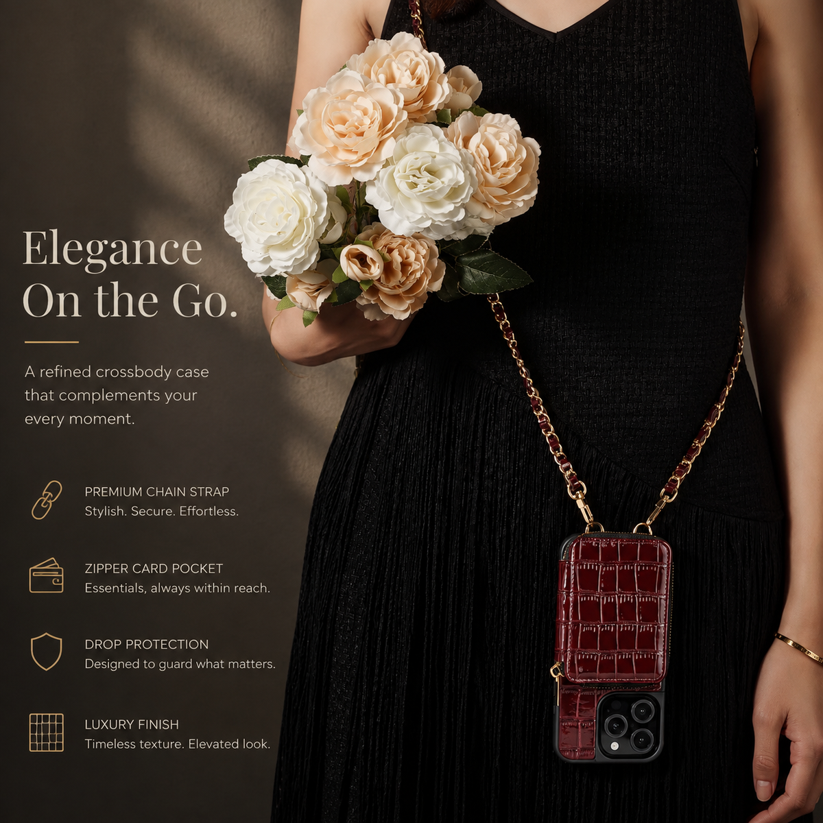Premium iPhone Case Crossbody Wallet Leather Card Holder Lanyard Crocodile Pattern Protective Cover Anti Fingerprint Slim Soft Shockproof Lightweight Grip