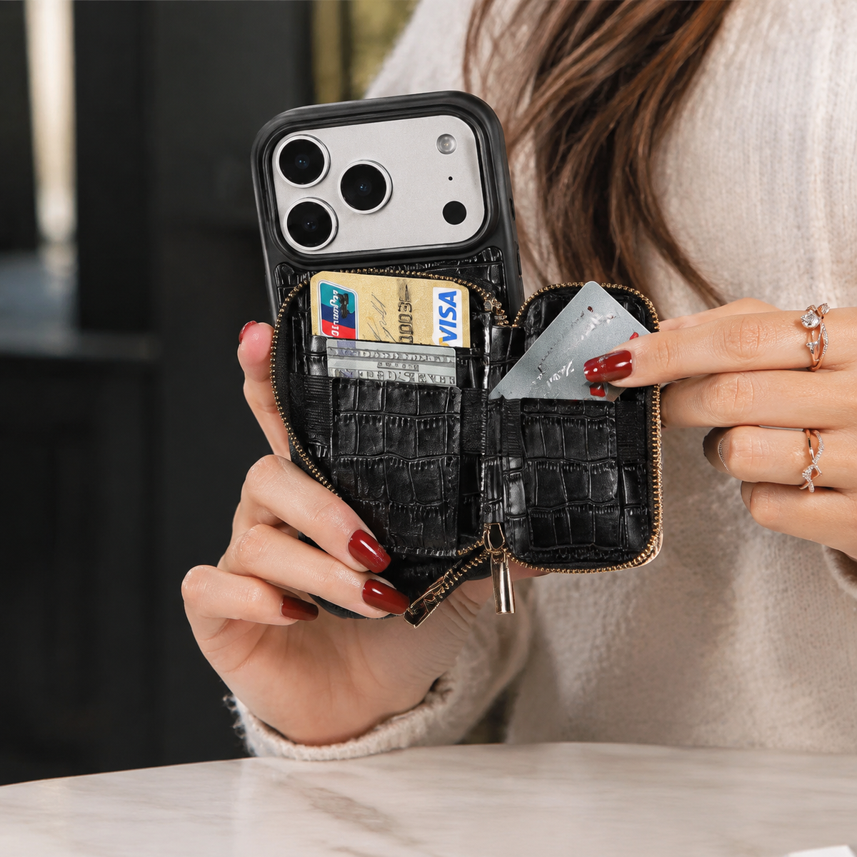 Premium iPhone Case Crossbody Wallet Leather Card Holder Lanyard Crocodile Pattern Protective Cover Anti Fingerprint Slim Soft Shockproof Lightweight Grip