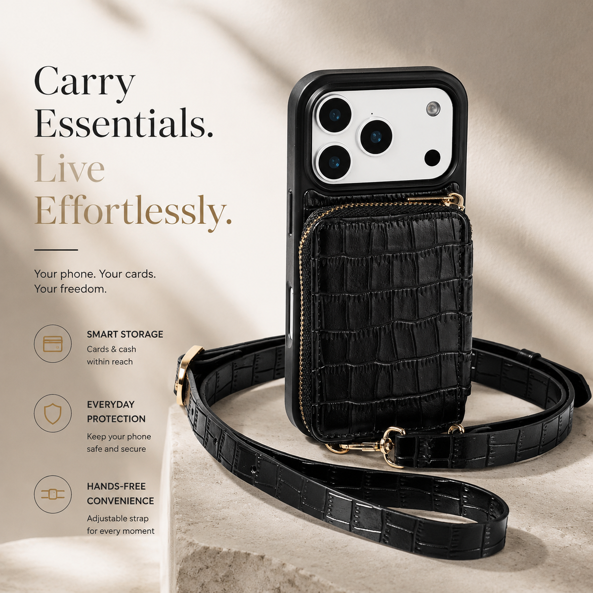 Premium iPhone Case Crossbody Wallet Leather Card Holder Lanyard Crocodile Pattern Protective Cover Anti Fingerprint Slim Soft Shockproof Lightweight Grip