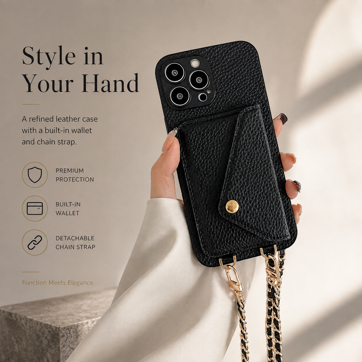 Premium iPhone Case Crossbody Wallet PU Leather Card Holder Lanyard Chain Strap Shockproof Protective Cover Non Slip Slim Lightweight Full Coverage