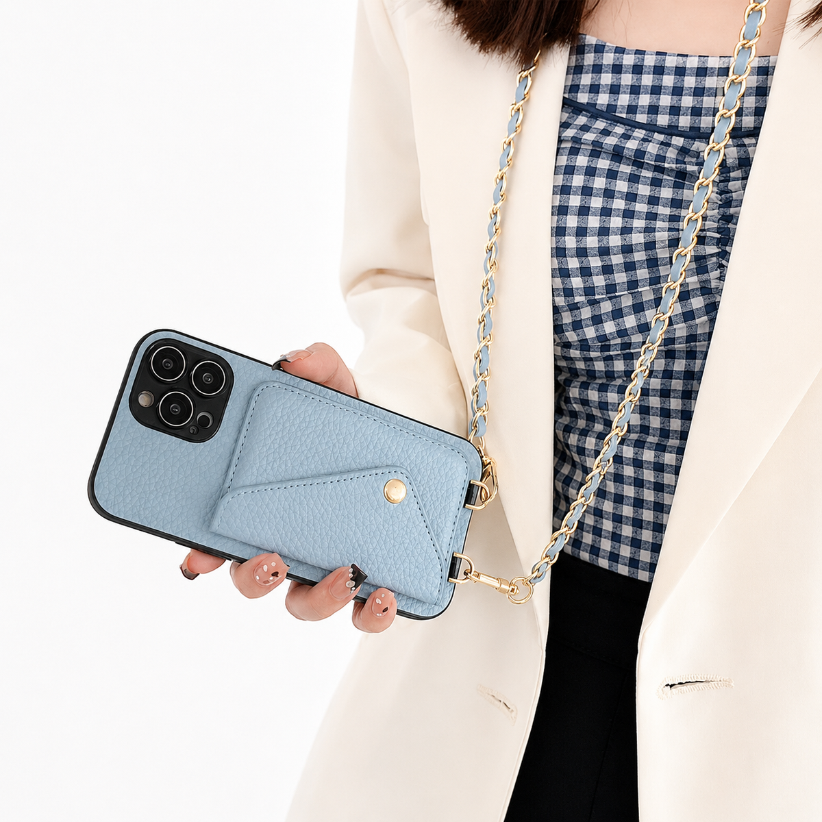 Premium iPhone Case Crossbody Wallet PU Leather Card Holder Lanyard Chain Strap Shockproof Protective Cover Non Slip Slim Lightweight Full Coverage