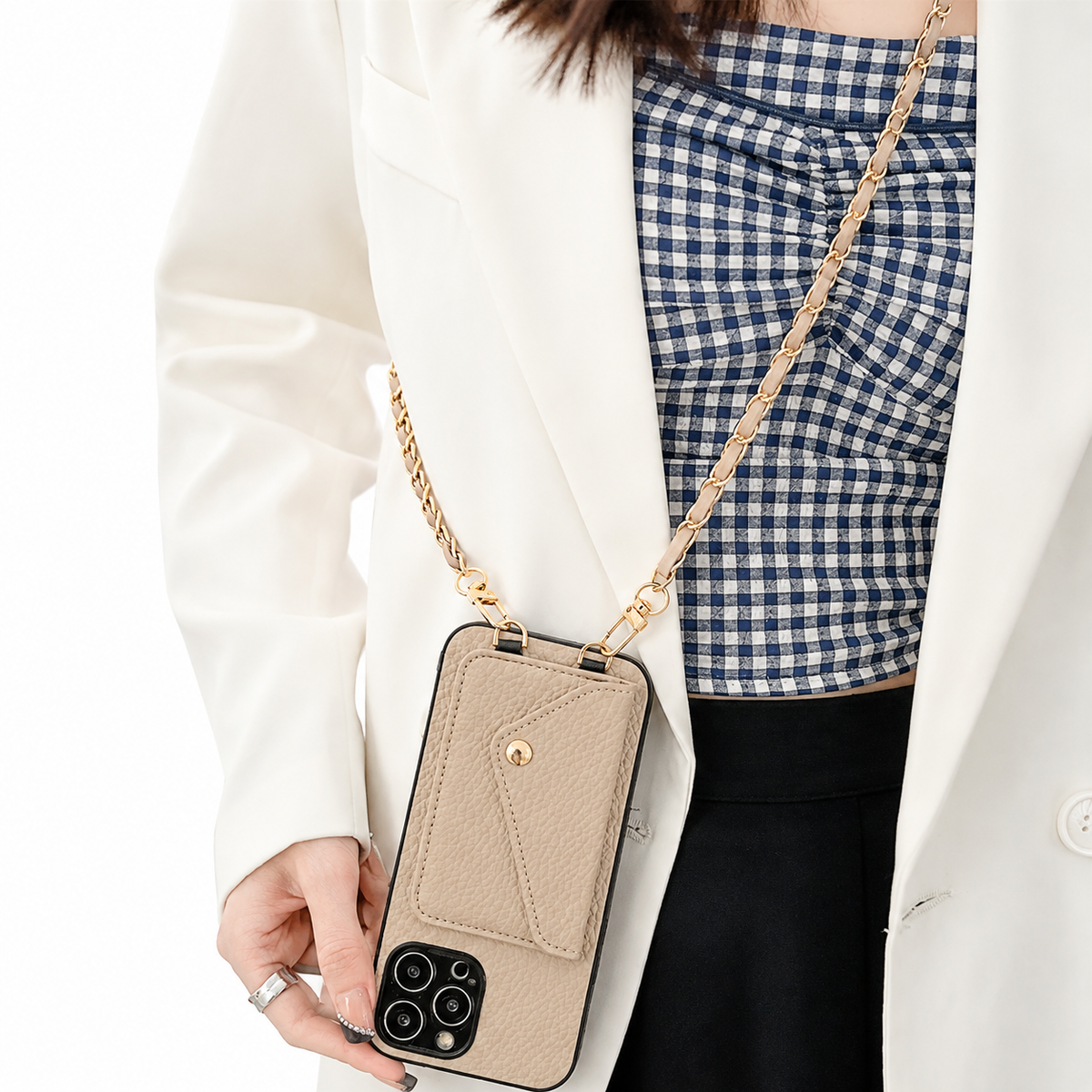 Premium iPhone Case Crossbody Wallet PU Leather Card Holder Lanyard Chain Strap Shockproof Protective Cover Non Slip Slim Lightweight Full Coverage
