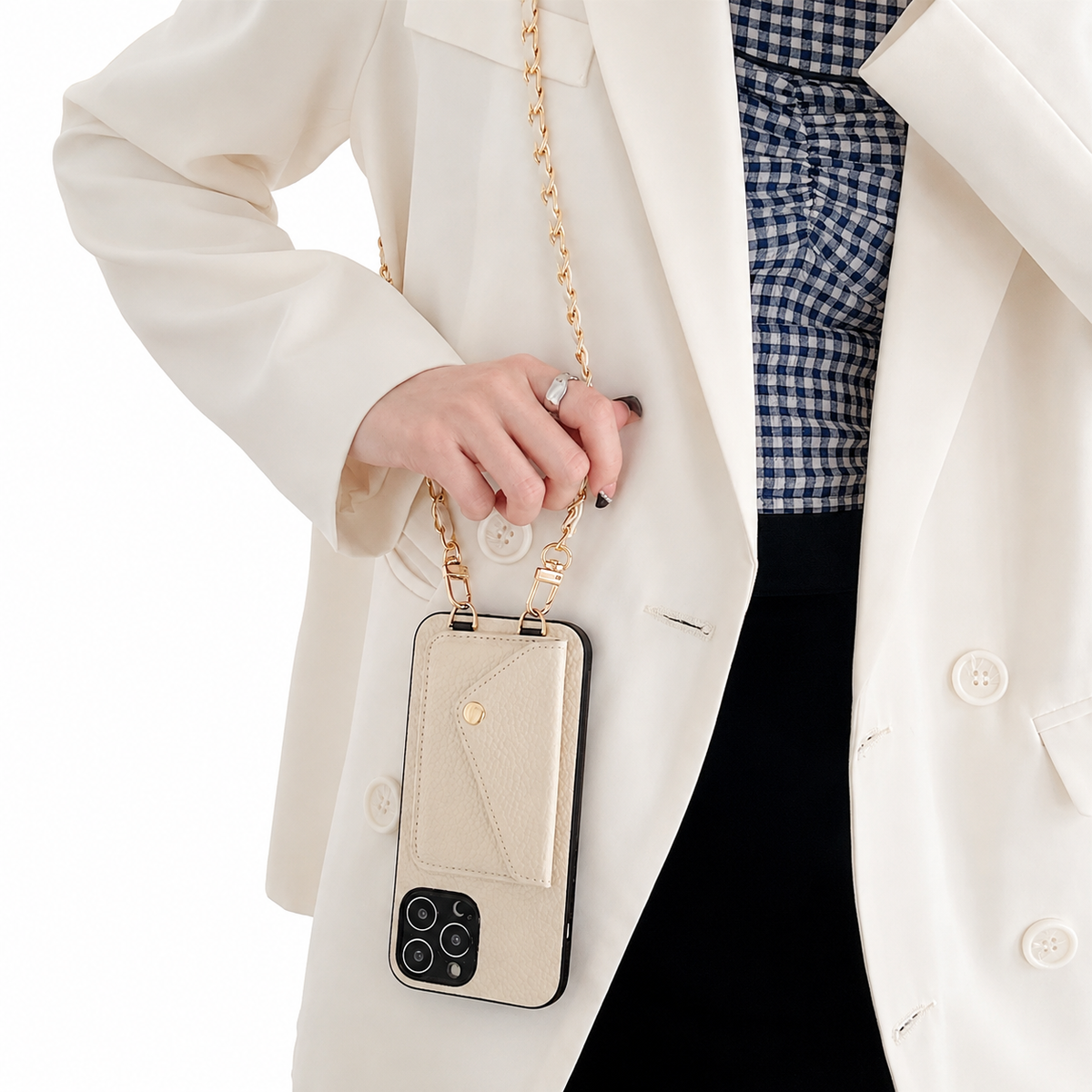 Premium iPhone Case Crossbody Wallet PU Leather Card Holder Lanyard Chain Strap Shockproof Protective Cover Non Slip Slim Lightweight Full Coverage