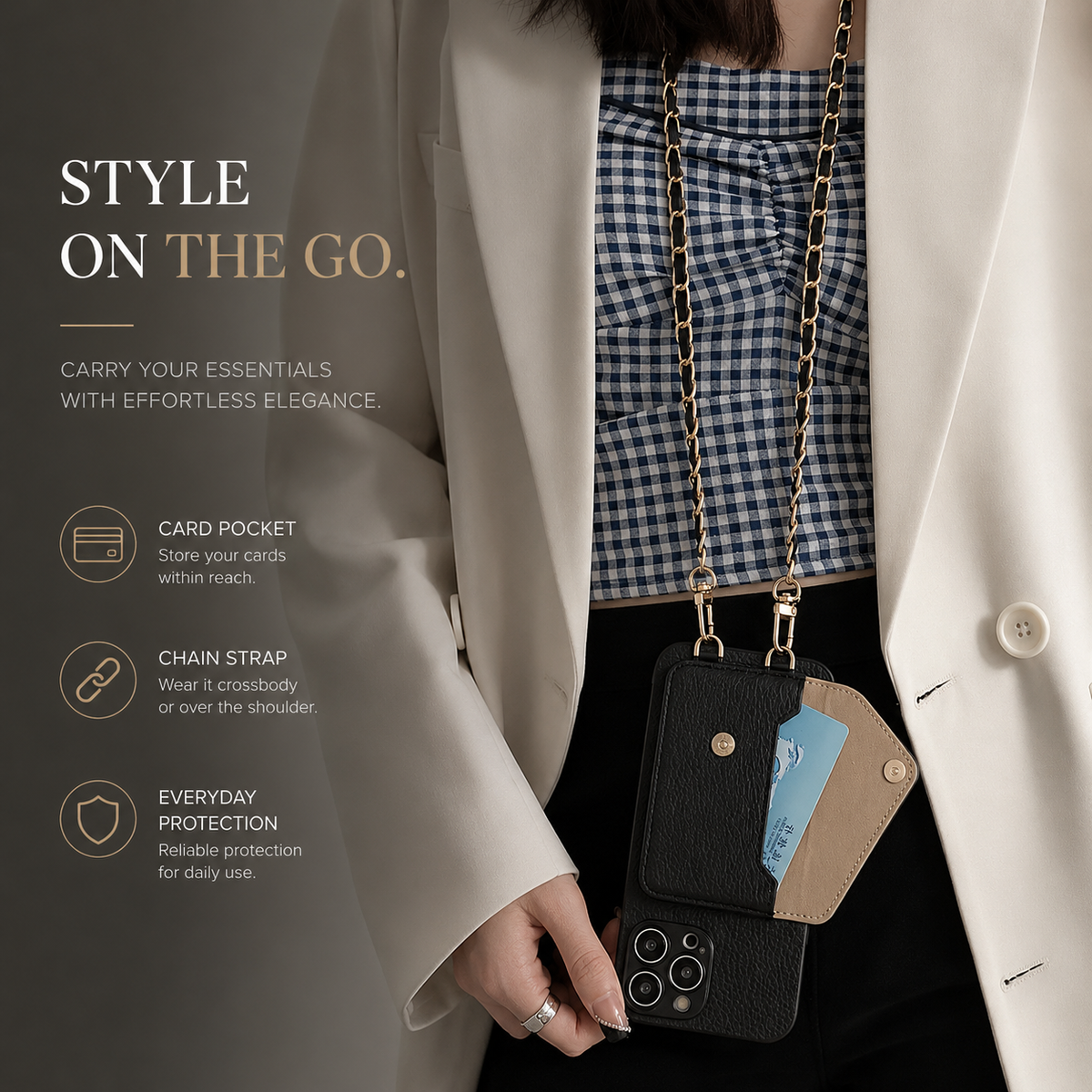 Premium iPhone Case Crossbody Wallet PU Leather Card Holder Lanyard Chain Strap Shockproof Protective Cover Non Slip Slim Lightweight Full Coverage