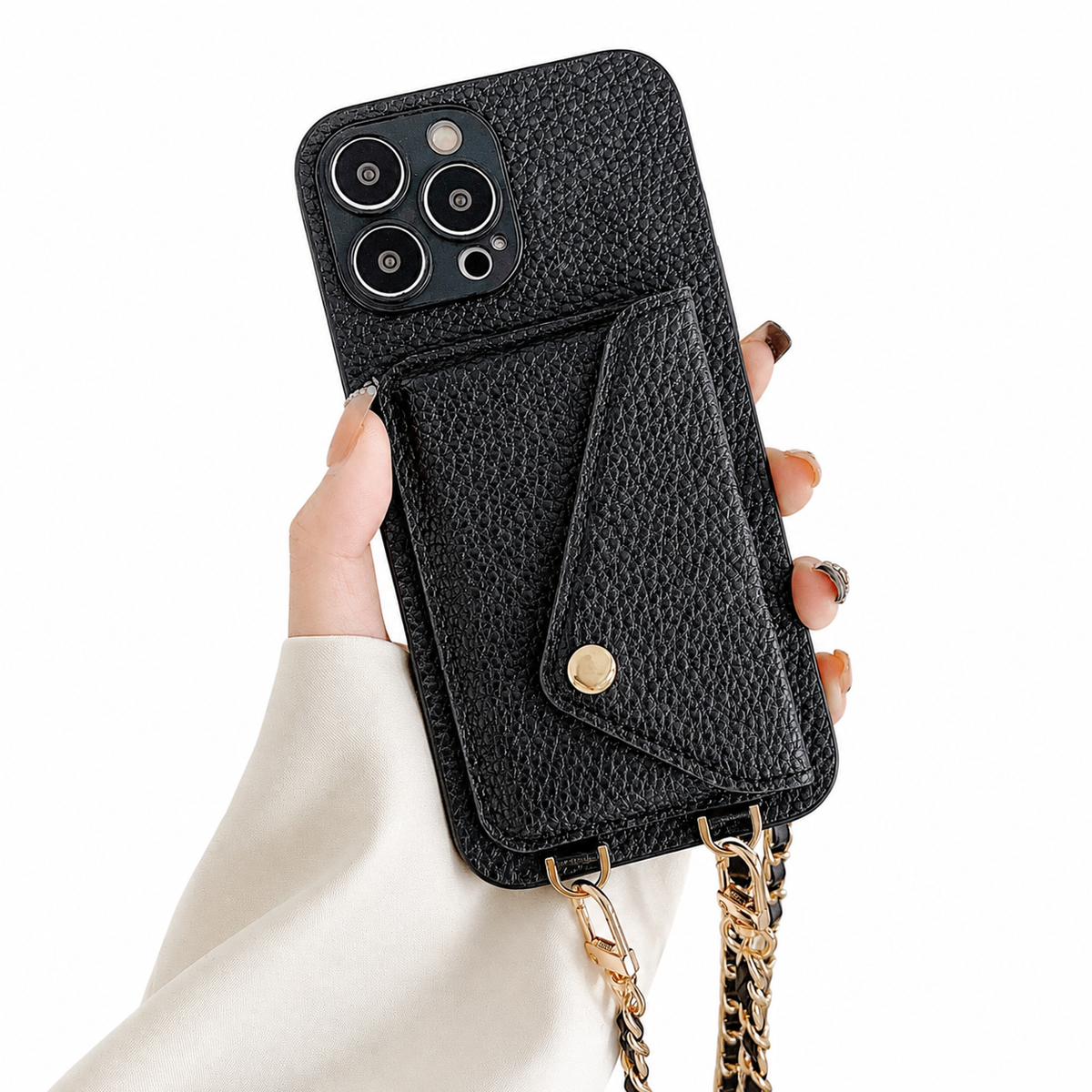 Premium iPhone Case Crossbody Wallet PU Leather Card Holder Lanyard Chain Strap Shockproof Protective Cover Non Slip Slim Lightweight Full Coverage