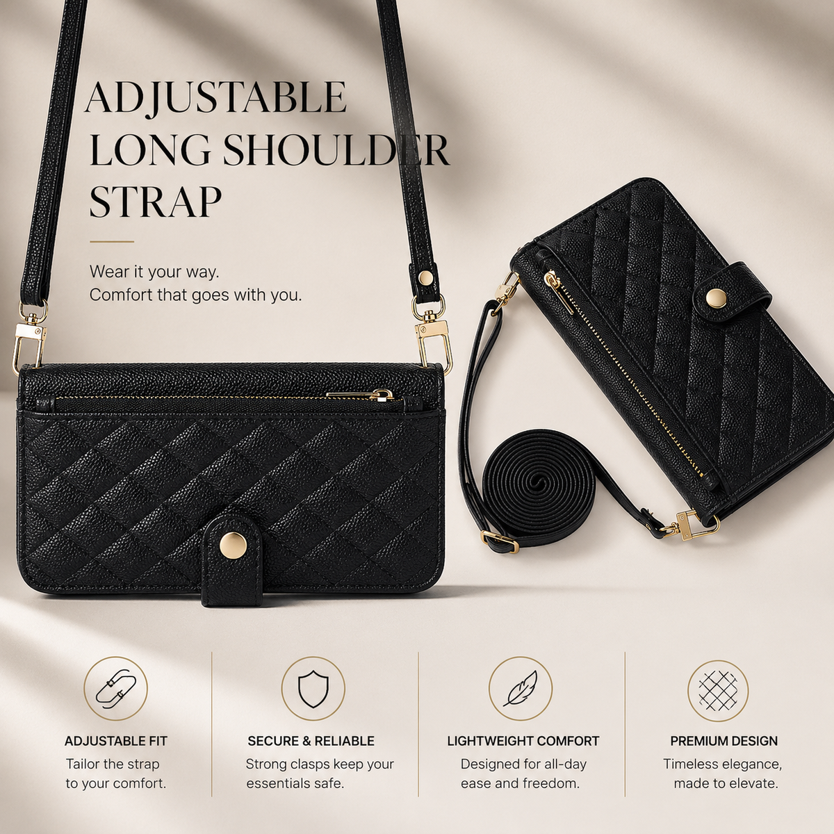 Premium iPhone Case Crossbody Wallet PU Leather Card Holder Lanyard Strap Protective Cover Anti Scratch Non Slip Slim Lightweight Secure Storage Grip