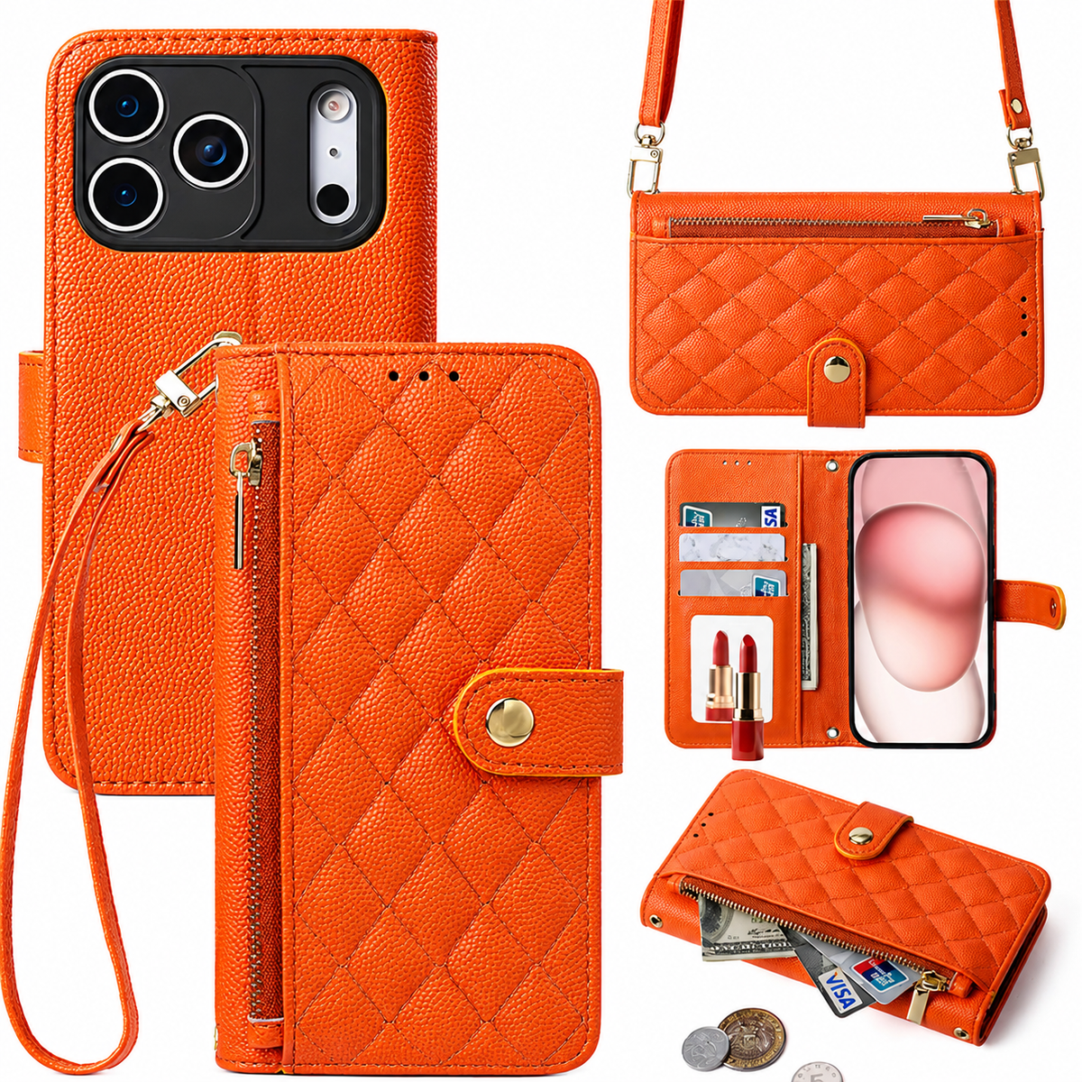 Premium iPhone Case Crossbody Wallet PU Leather Card Holder Lanyard Strap Protective Cover Anti Scratch Non Slip Slim Lightweight Secure Storage Grip
