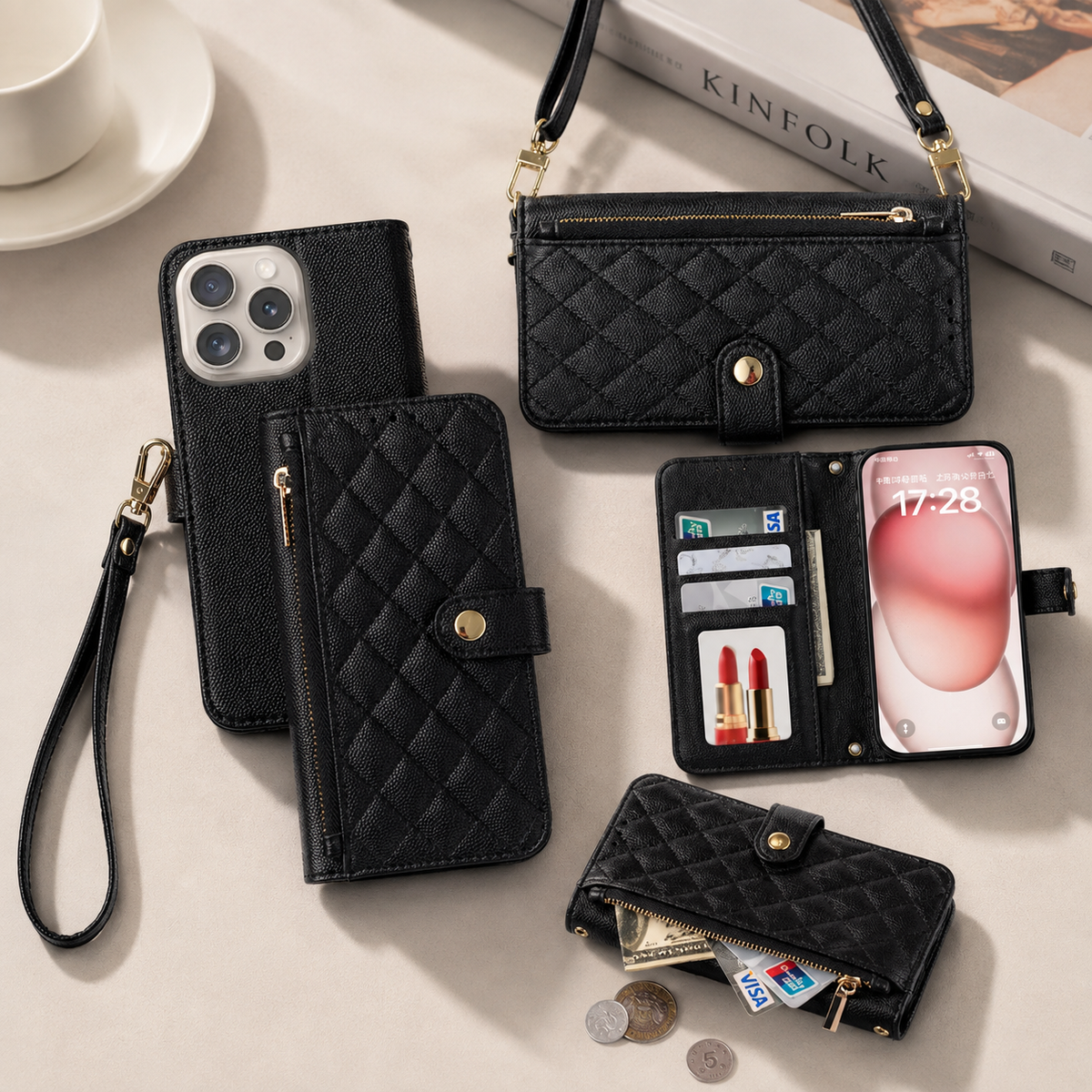 Premium iPhone Case Crossbody Wallet PU Leather Card Holder Lanyard Strap Protective Cover Anti Scratch Non Slip Slim Lightweight Secure Storage Grip