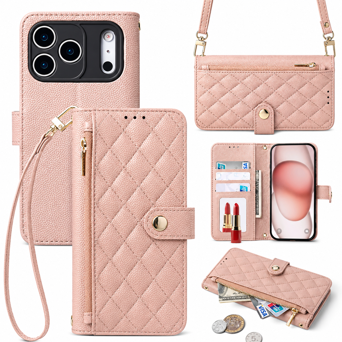 Premium iPhone Case Crossbody Wallet PU Leather Card Holder Lanyard Strap Protective Cover Anti Scratch Non Slip Slim Lightweight Secure Storage Grip