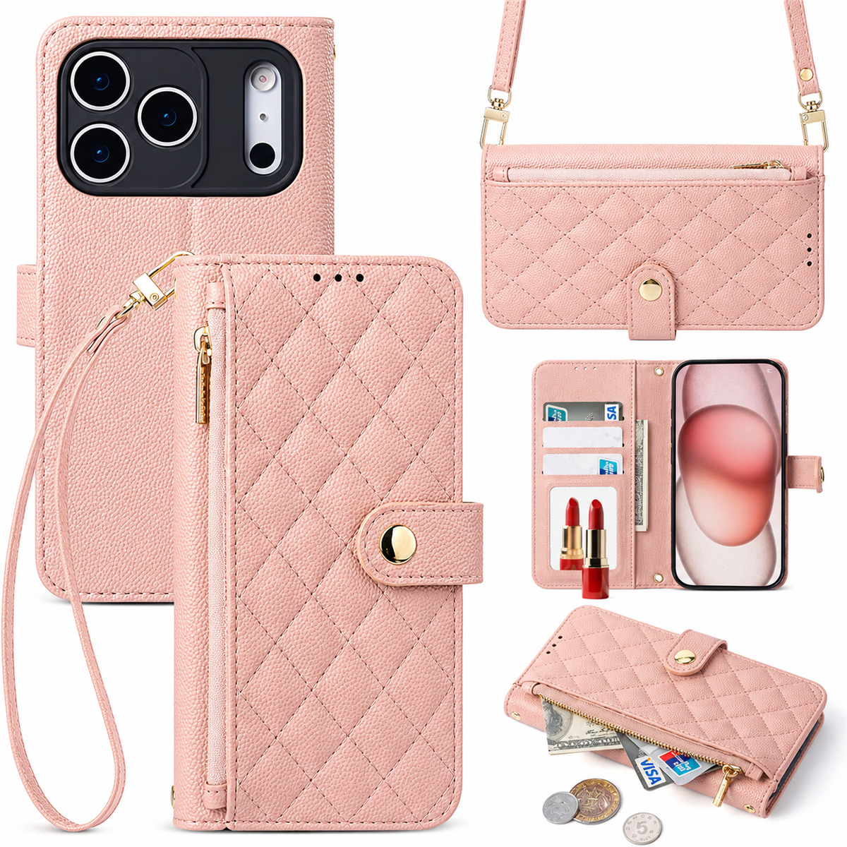 Premium iPhone Case Crossbody Wallet PU Leather Card Holder Lanyard Strap Protective Cover Anti Scratch Non Slip Slim Lightweight Secure Storage Grip