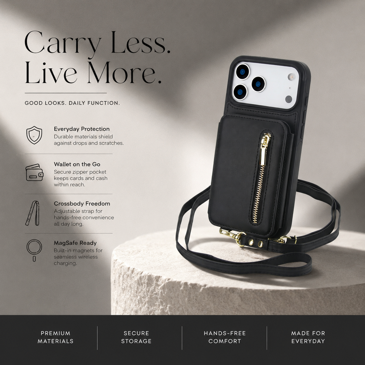 Premium iPhone Case Crossbody Zipper Leather Wallet Card Slots Protective Cover Shockproof Storage Strap Anti Scratch Slim Travel Phone Case Design