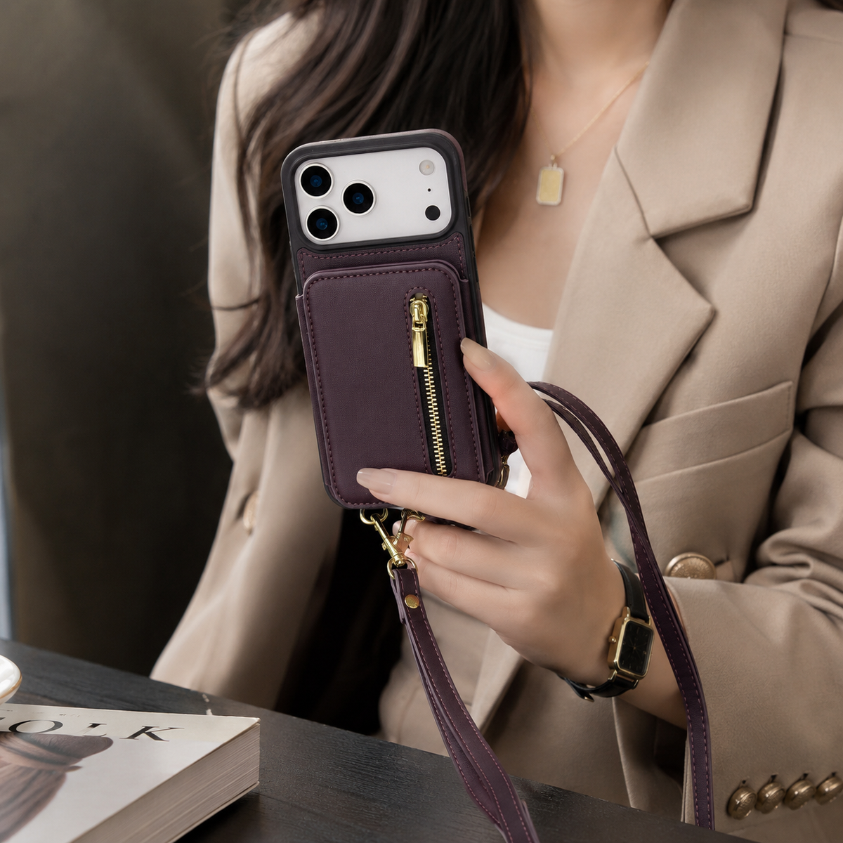Premium iPhone Case Crossbody Zipper Leather Wallet Card Slots Protective Cover Shockproof Storage Strap Anti Scratch Slim Travel Phone Case Design