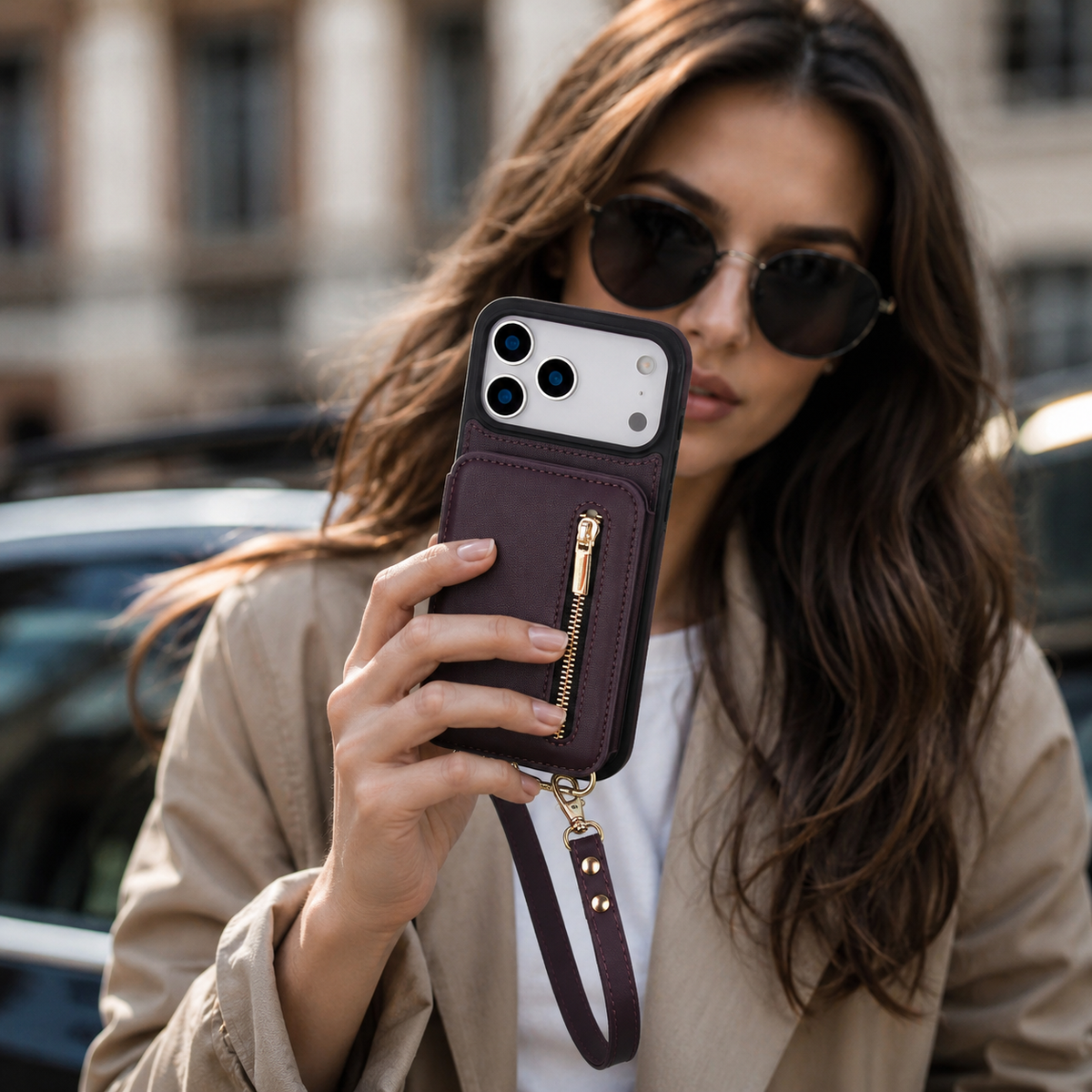 Premium iPhone Case Crossbody Zipper Leather Wallet Card Slots Protective Cover Shockproof Storage Strap Anti Scratch Slim Travel Phone Case Design