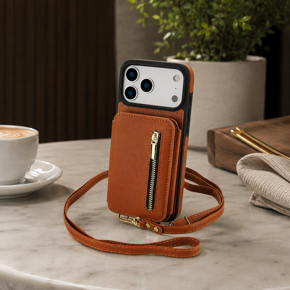 Premium iPhone Case Crossbody Zipper Leather Wallet Card Slots Protective Cover Shockproof Storage Strap Anti Scratch Slim Travel Phone Case Design