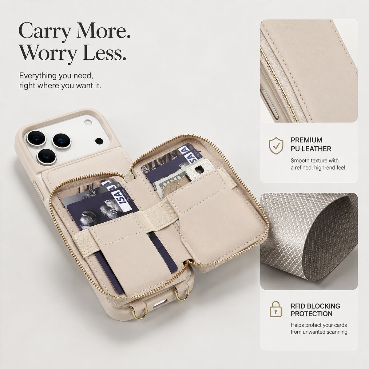 Premium iPhone Case Crossbody Zipper Leather Wallet RFID Card Slot Flip Cover Strap Protective Storage Shockproof Anti Scratch Phone Case