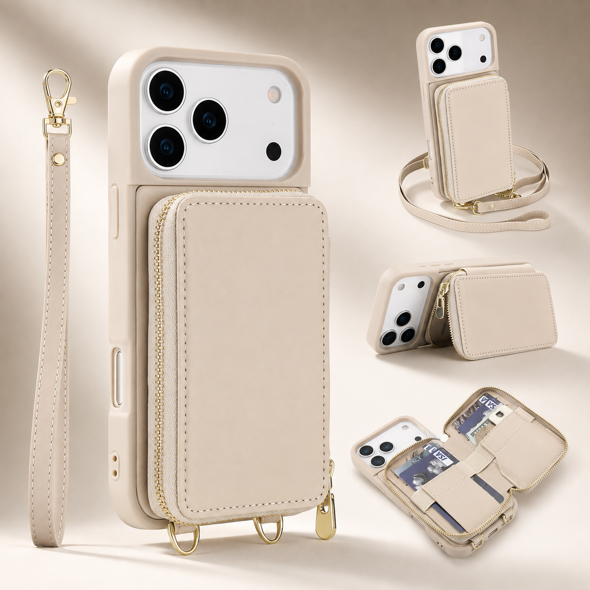Premium iPhone Case Crossbody Zipper Leather Wallet RFID Card Slot Flip Cover Strap Protective Storage Shockproof Anti Scratch Phone Case