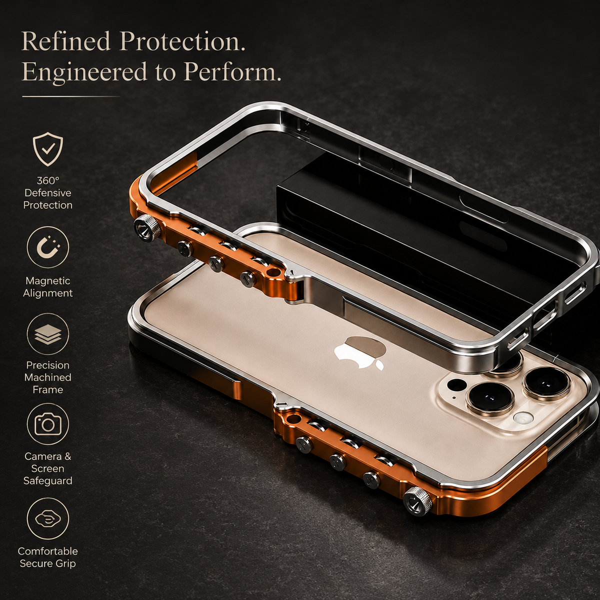 Premium iPhone Case Cyberpunk Aluminum Alloy Mechanical Bumper Shockproof Metal Frame Heavy Duty Drop Protection Camera Lens Guard Rugged Slim Design