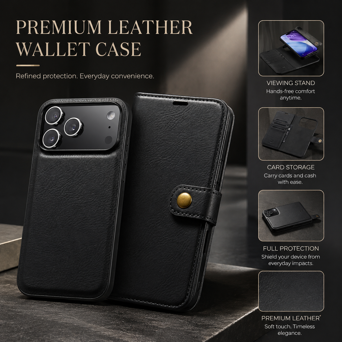 Premium iPhone Case Detachable Magnetic Leather Wallet Card Holder Flip Protective Cover Full Coverage Anti Scratch Slim Secure Closure Everyday Storage