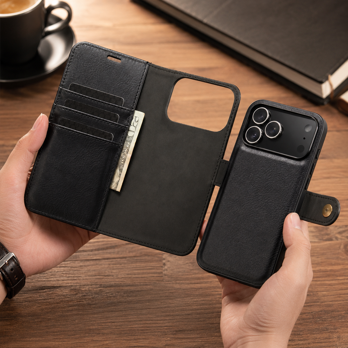 Premium iPhone Case Detachable Magnetic Leather Wallet Card Holder Flip Protective Cover Full Coverage Anti Scratch Slim Secure Closure Everyday Storage