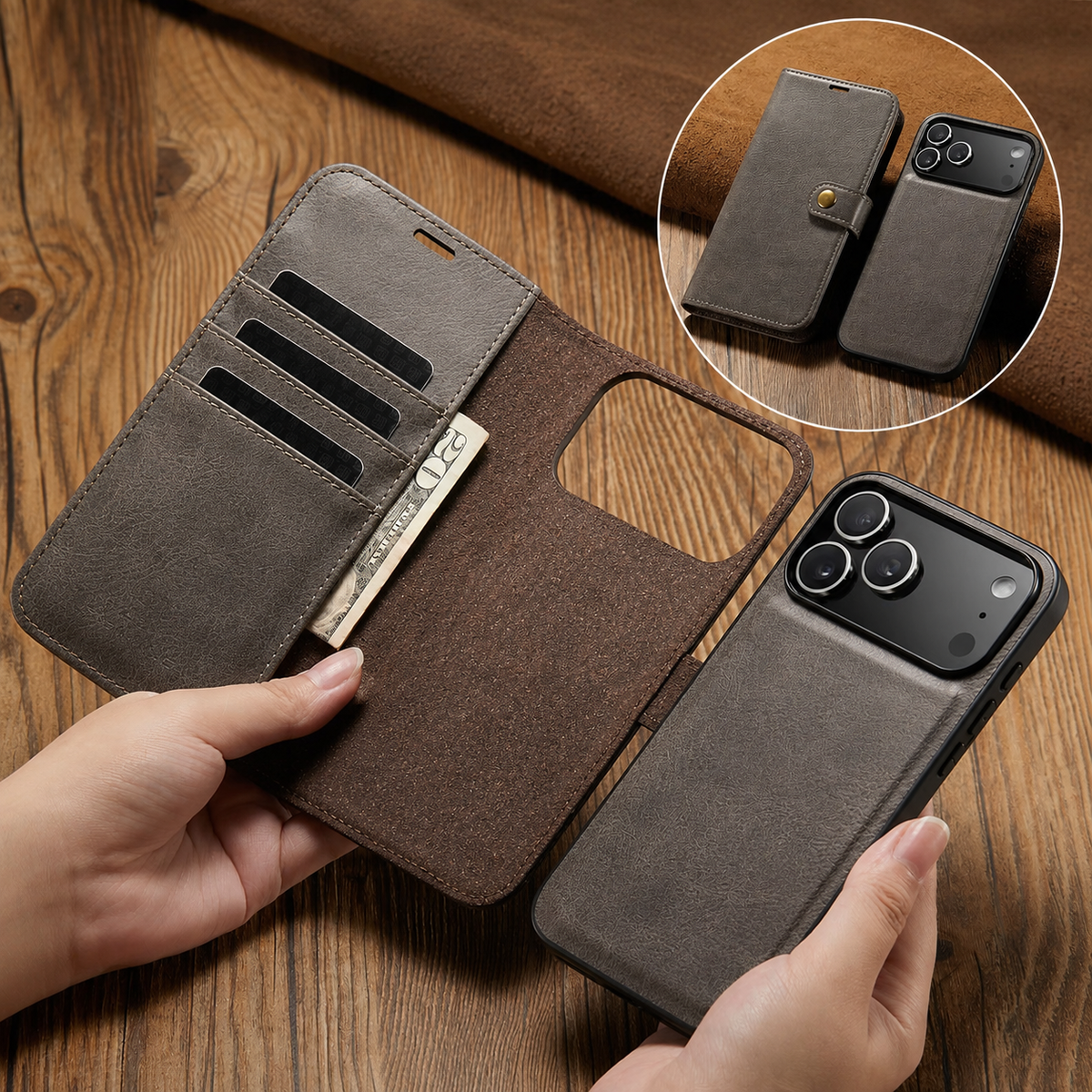 Premium iPhone Case Detachable Magnetic Leather Wallet Card Holder Flip Protective Cover Full Coverage Anti Scratch Slim Secure Closure Everyday Storage