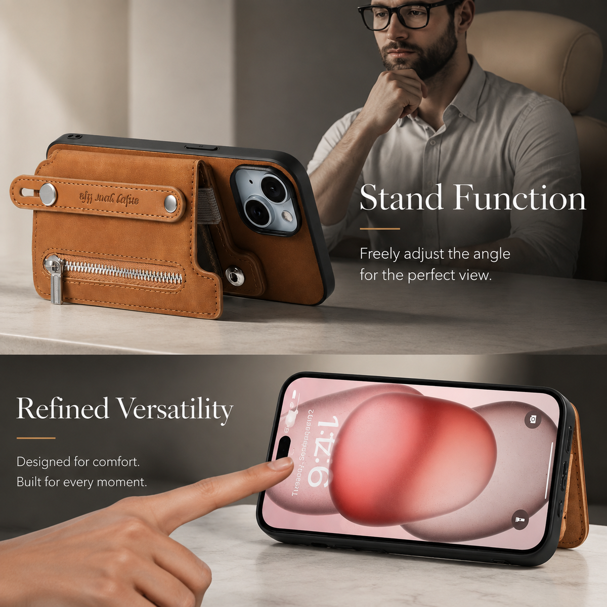 Premium iPhone Case Detachable Zipper Wallet Flip Cover PU Leather Card Holder Magnetic Closure Wrist Strap Shockproof Full Protection Slim Design