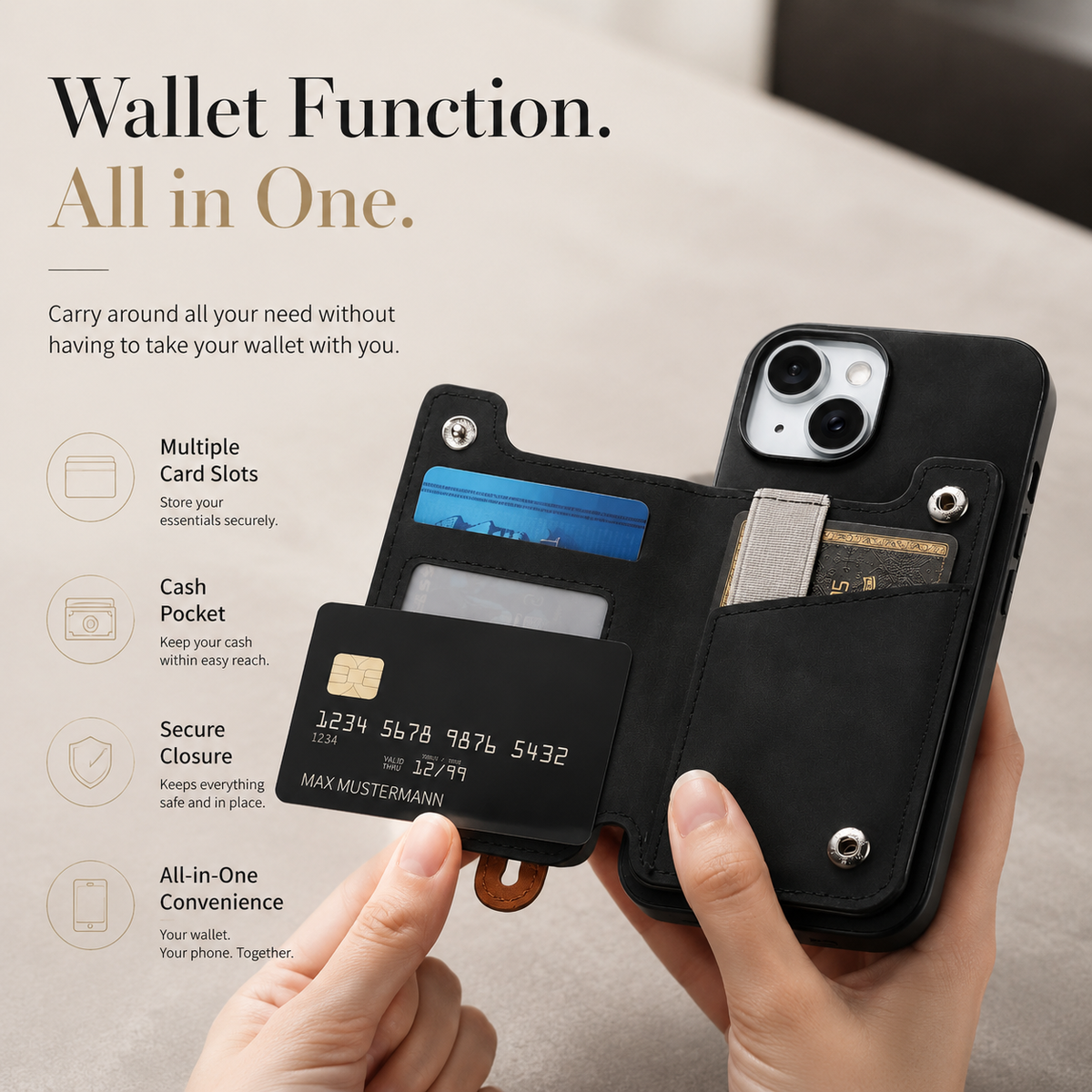 Premium iPhone Case Detachable Zipper Wallet Flip Cover PU Leather Card Holder Magnetic Closure Wrist Strap Shockproof Full Protection Slim Design