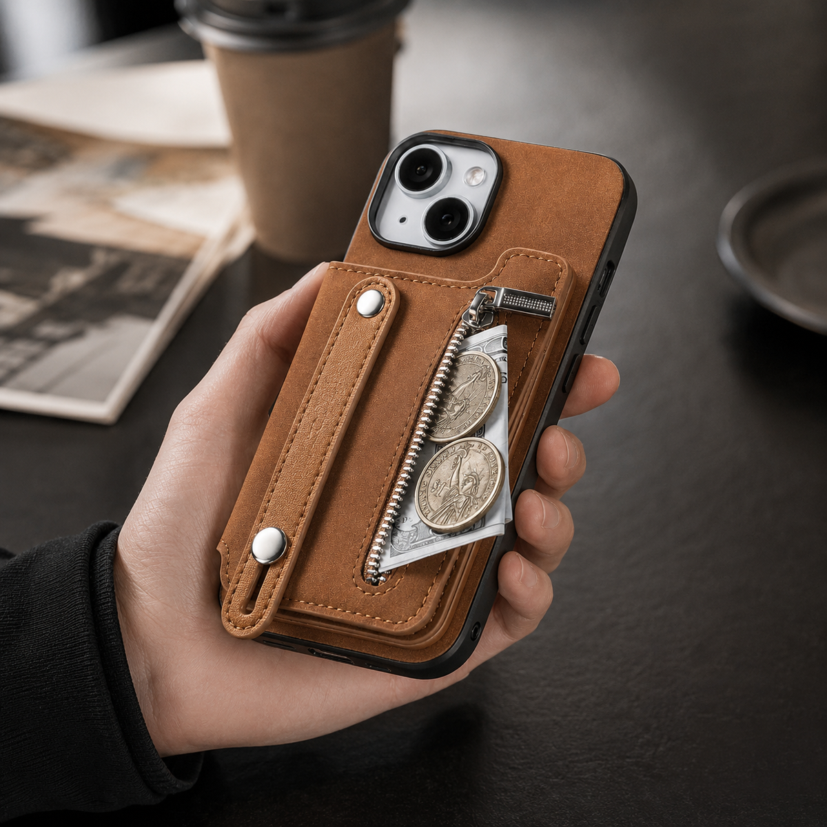 Premium iPhone Case Detachable Zipper Wallet Flip Cover PU Leather Card Holder Magnetic Closure Wrist Strap Shockproof Full Protection Slim Design