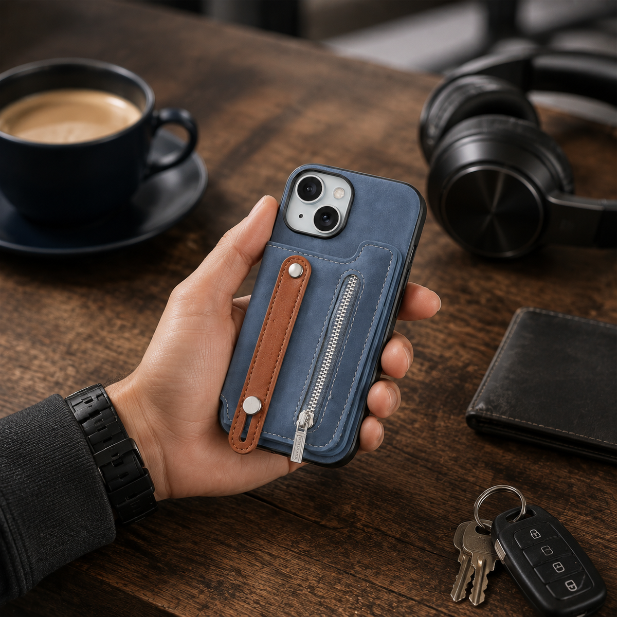 Premium iPhone Case Detachable Zipper Wallet Flip Cover PU Leather Card Holder Magnetic Closure Wrist Strap Shockproof Full Protection Slim Design