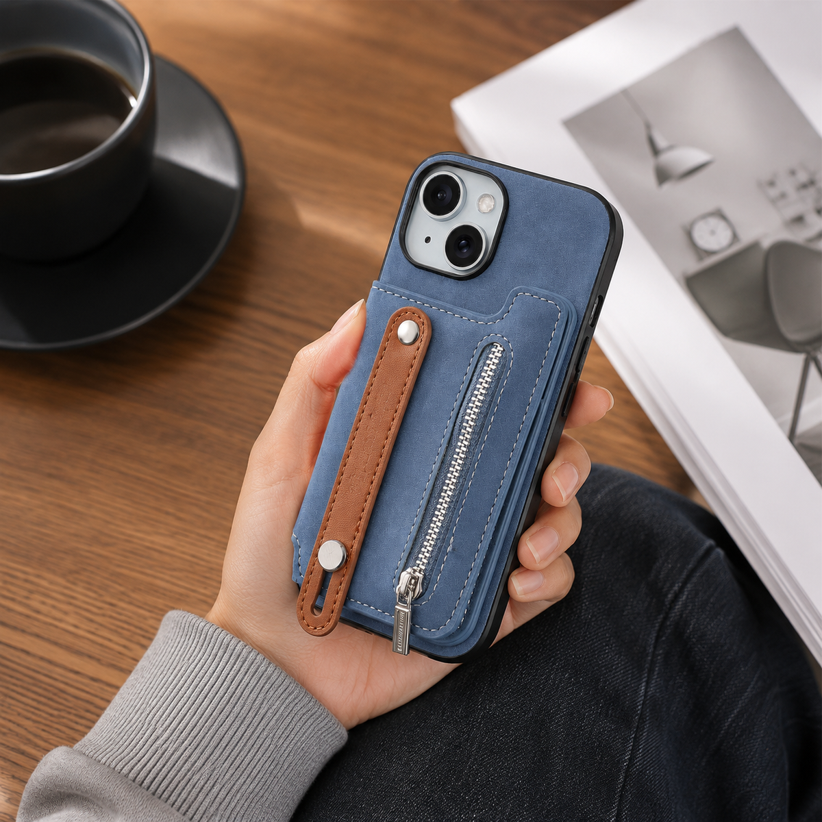 Premium iPhone Case Detachable Zipper Wallet Flip Cover PU Leather Card Holder Magnetic Closure Wrist Strap Shockproof Full Protection Slim Design