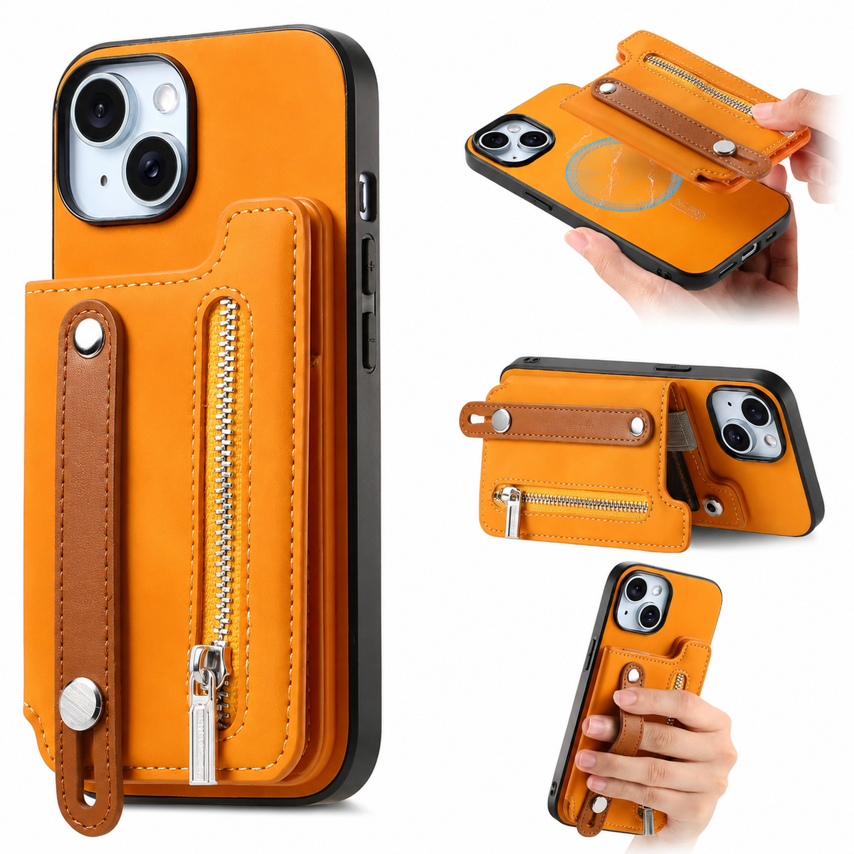 Premium iPhone Case Detachable Zipper Wallet Flip Cover PU Leather Card Holder Magnetic Closure Wrist Strap Shockproof Full Protection Slim Design