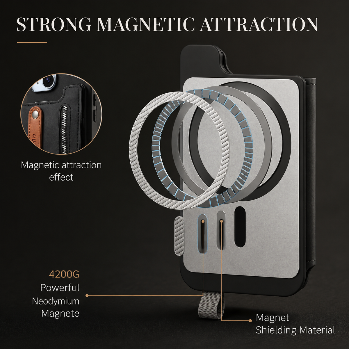 Premium iPhone Case Detachable Zipper Wallet Flip Cover PU Leather Card Holder Magnetic Closure Wrist Strap Shockproof Full Protection Slim Design