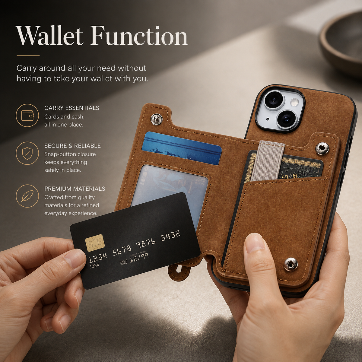 Premium iPhone Case Detachable Zipper Wallet Flip Cover PU Leather Card Holder Magnetic Closure Wrist Strap Shockproof Full Protection Slim Design