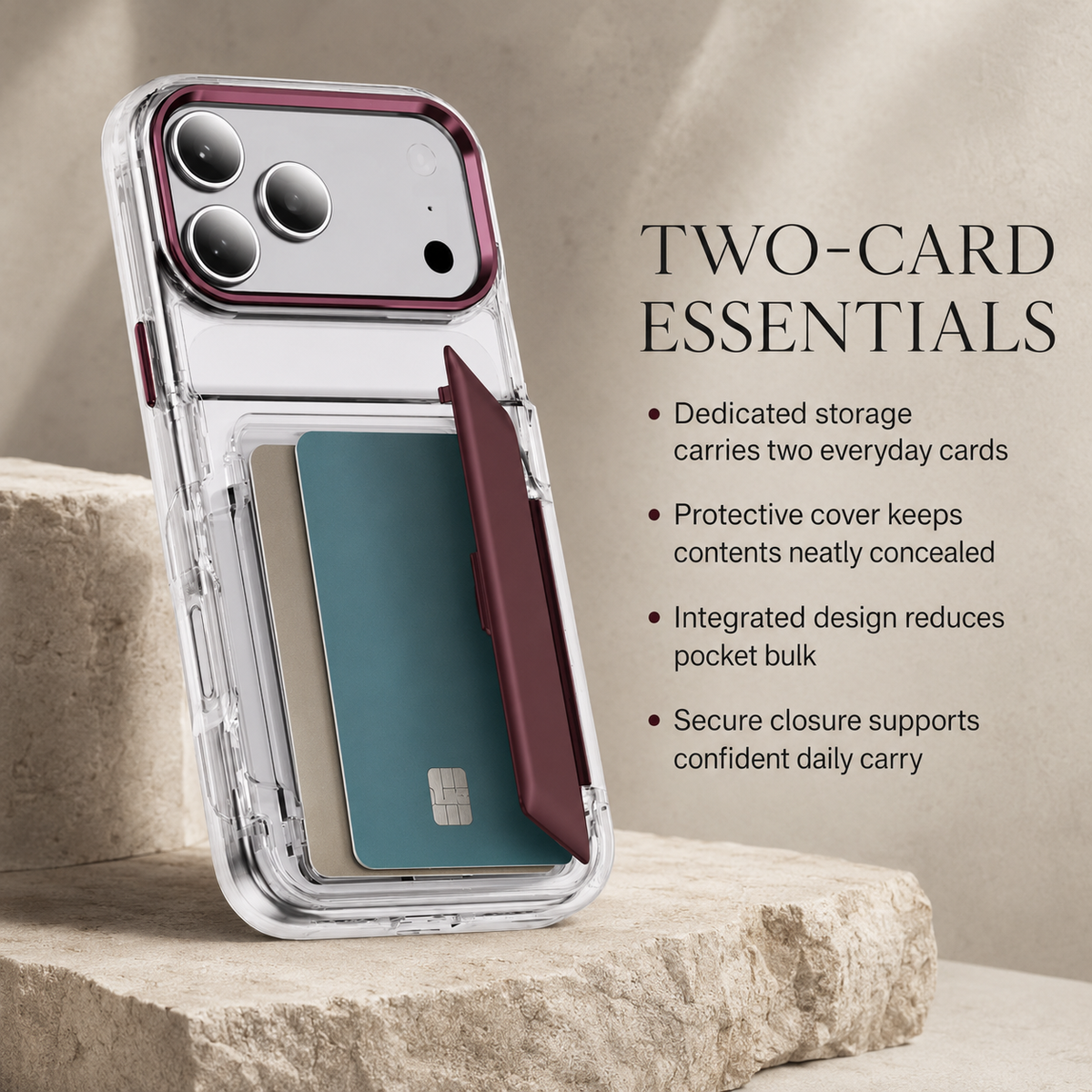 Premium iPhone Case Dual Card Slot Transparent Wallet Holder Shockproof Hard PC Anti Scratch Non Slip Lightweight Protective Back Cover Case Design