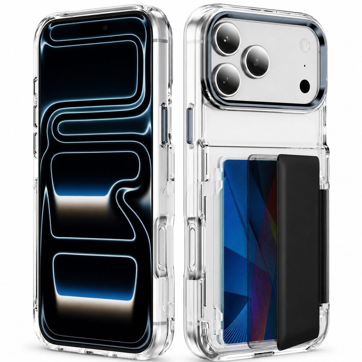 Premium iPhone Case Dual Card Slot Transparent Wallet Holder Shockproof Hard PC Anti Scratch Non Slip Lightweight Protective Back Cover Case Design