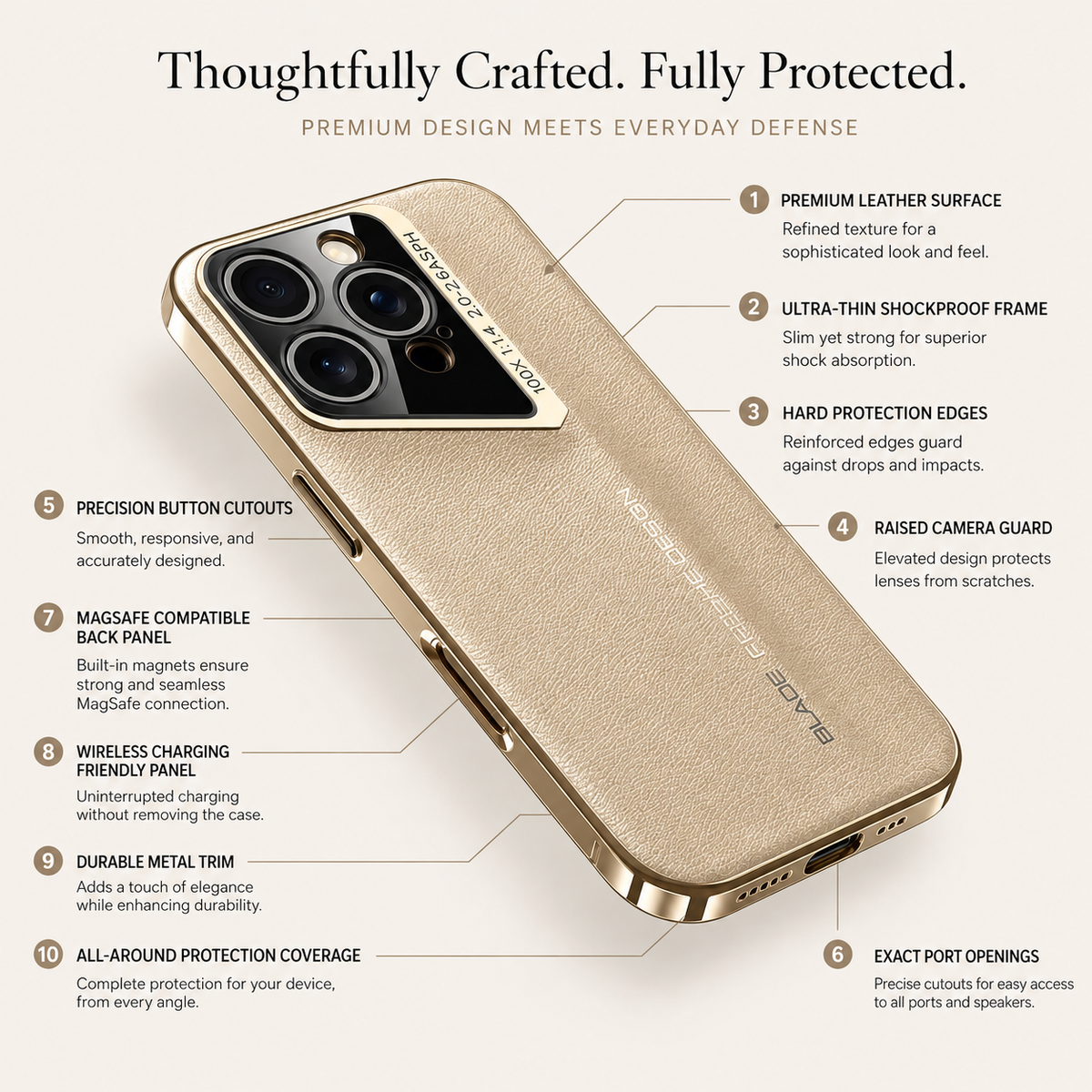 Premium iPhone Case Electroplated Genuine Leather Shockproof Protective Cover Hard Back Slim Design Camera Lens Protection Anti Slip Grip