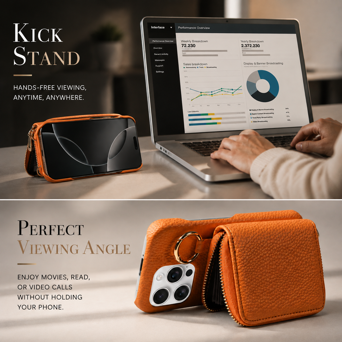 Premium iPhone Case Faux Leather Crossbody Wallet Cover Card Slots Ring Holder Shoulder Strap Shockproof Full Protection Slim Elegant Stand Design