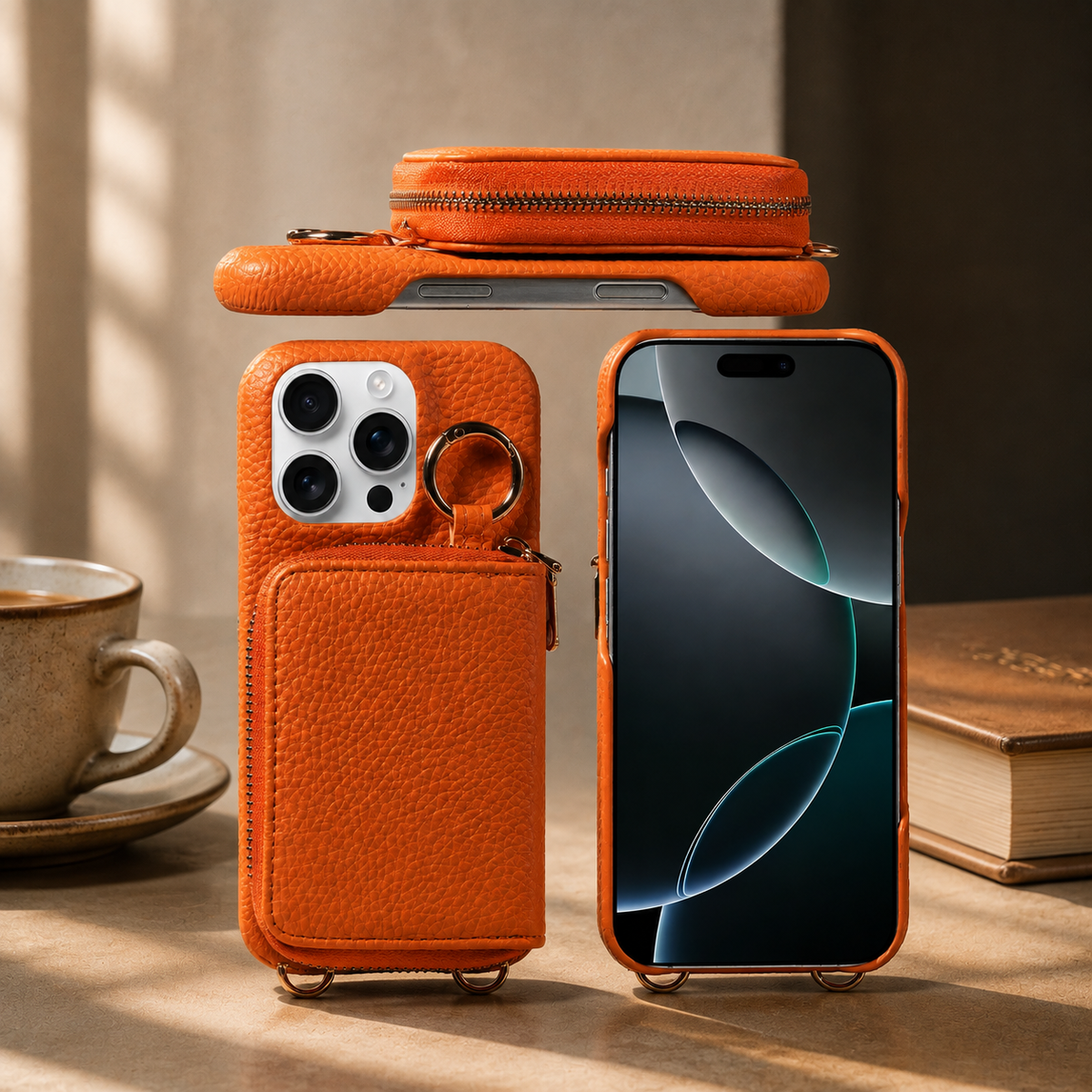 Premium iPhone Case Faux Leather Crossbody Wallet Cover Card Slots Ring Holder Shoulder Strap Shockproof Full Protection Slim Elegant Stand Design