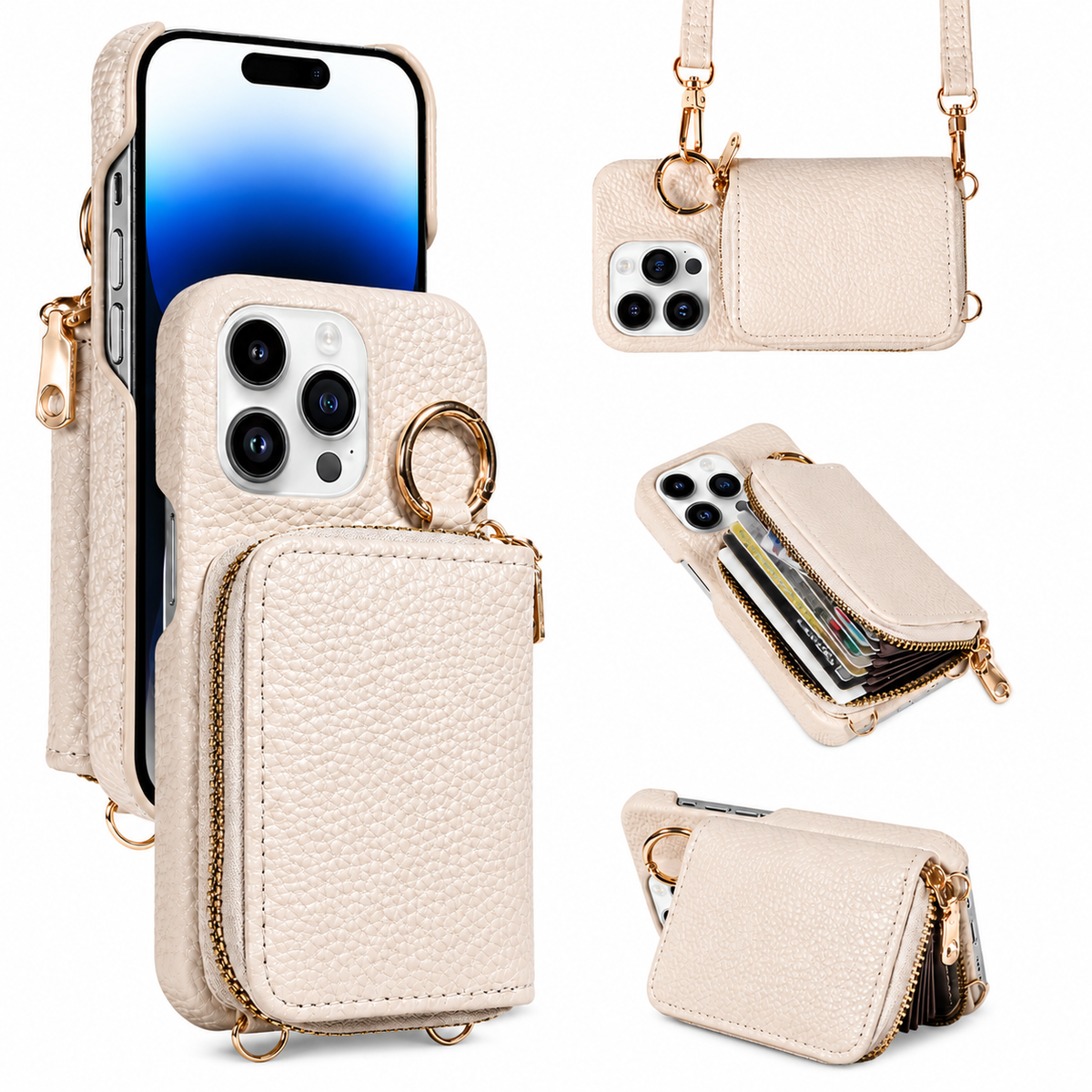 Premium iPhone Case Faux Leather Crossbody Wallet Cover Card Slots Ring Holder Shoulder Strap Shockproof Full Protection Slim Elegant Stand Design