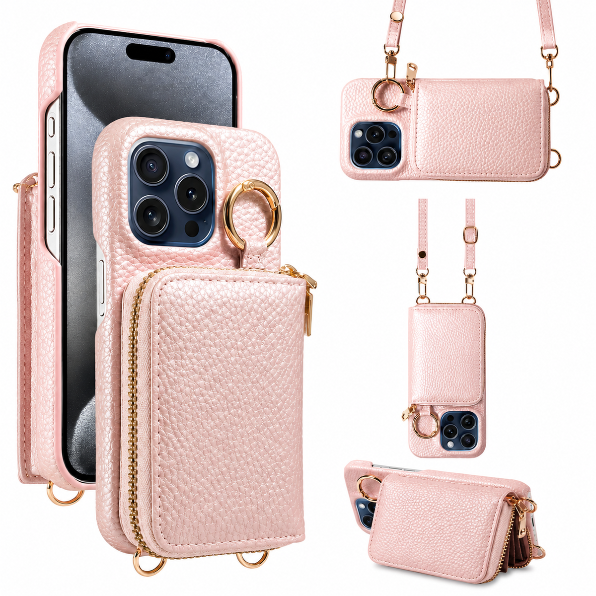 Premium iPhone Case Faux Leather Crossbody Wallet Cover Card Slots Ring Holder Shoulder Strap Shockproof Full Protection Slim Elegant Stand Design