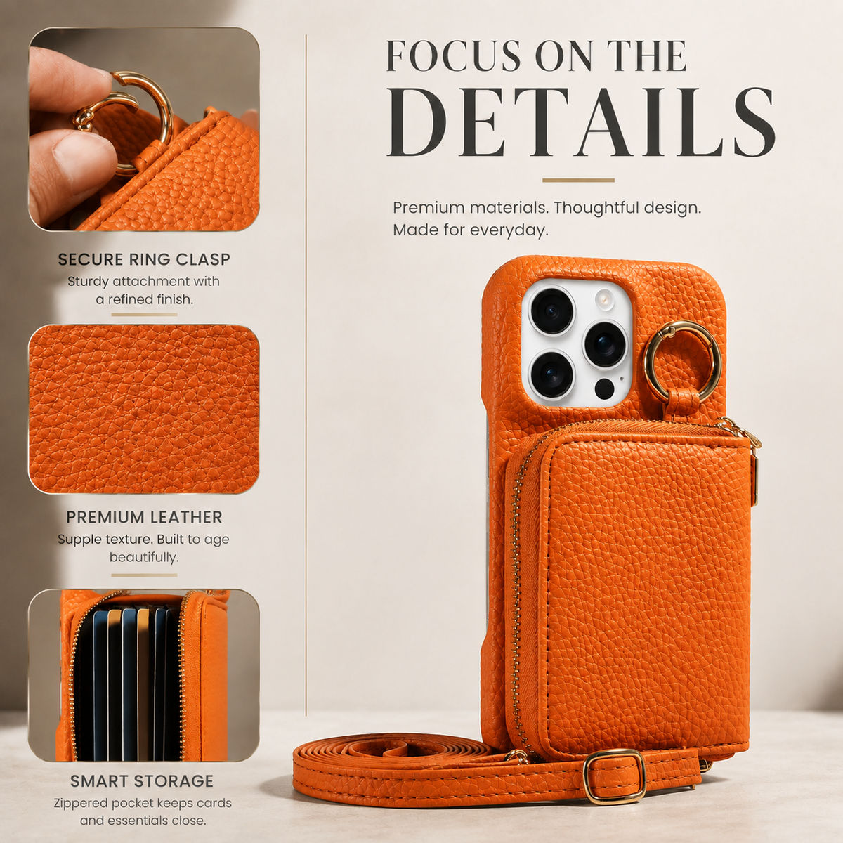 Premium iPhone Case Faux Leather Crossbody Wallet Cover Card Slots Ring Holder Shoulder Strap Shockproof Full Protection Slim Elegant Stand Design