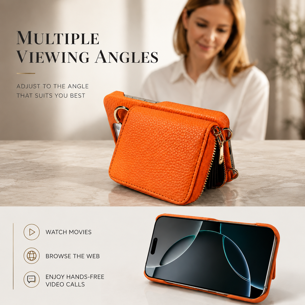 Premium iPhone Case Faux Leather Crossbody Wallet Cover Card Slots Ring Holder Shoulder Strap Shockproof Full Protection Slim Elegant Stand Design
