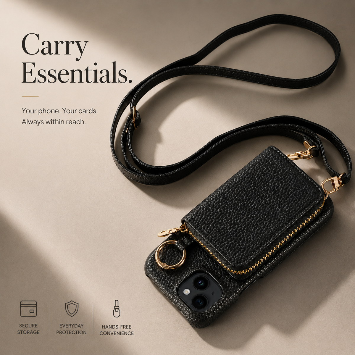 Premium iPhone Case Faux Leather Crossbody Wallet Cover Card Slots Ring Holder Shoulder Strap Shockproof Full Protection Slim Elegant Stand Design