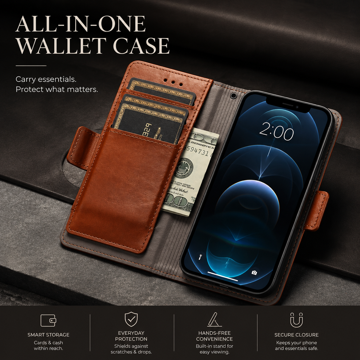 Premium iPhone Case Flip Wallet MagSafe Compatible Genuine Leather Magnetic Closure Card Holder Shockproof Protective Cover Camera Lens Protection Slim Design