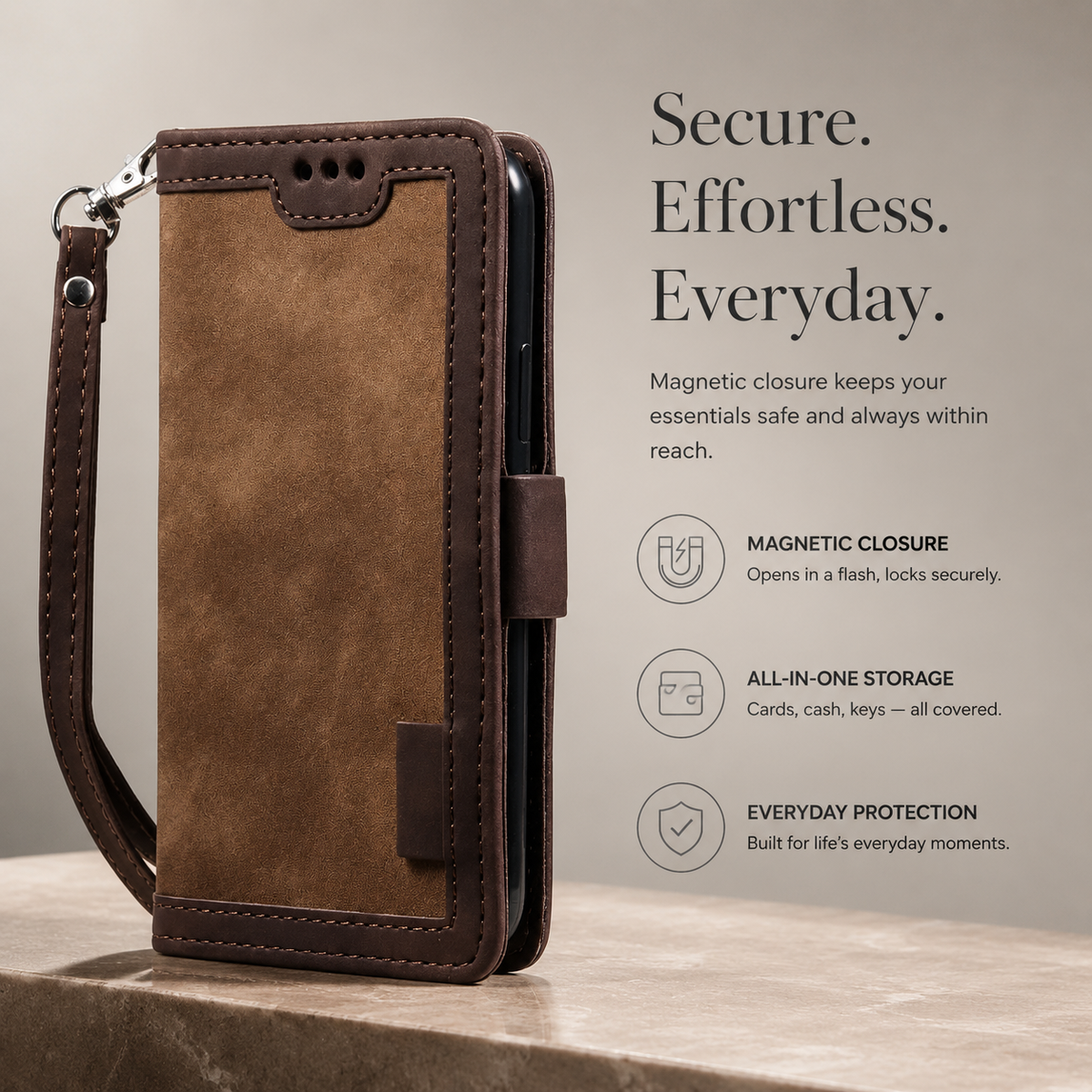 Premium iPhone Case Flip Wallet MagSafe Compatible Genuine Leather Magnetic Closure Card Holder Shockproof Protective Cover Camera Lens Protection Slim Design