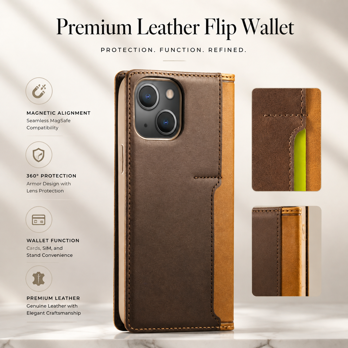 Premium iPhone Case Flip Wallet MagSafe Compatible Genuine Leather Magnetic Closure Card Holder Shockproof Protective Cover Camera Lens Protection Slim Design